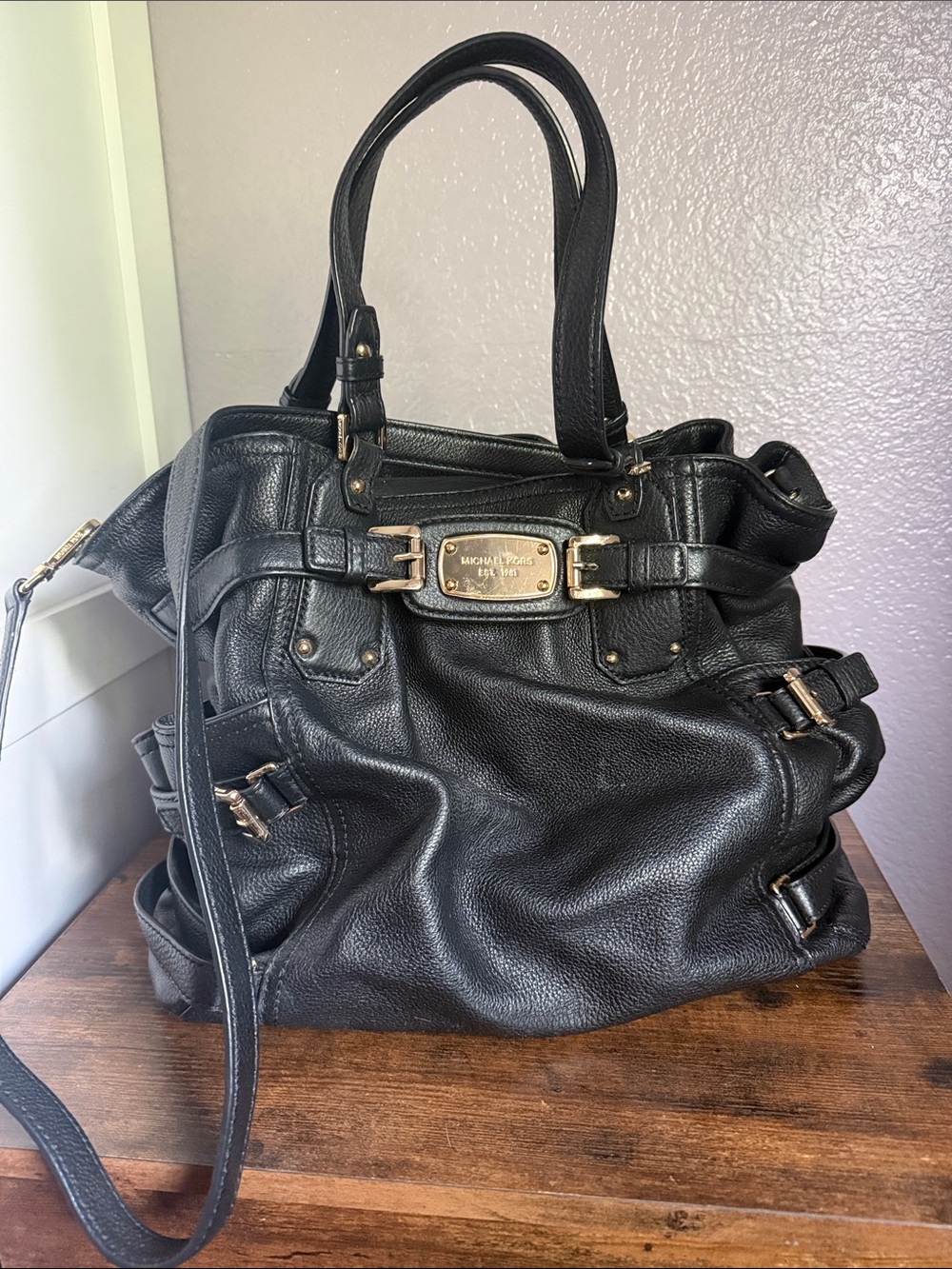 Michael Kors Black Leather Bag with Gold Hardware - convertible straps